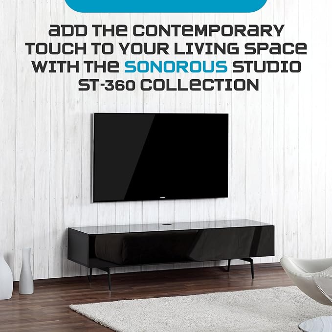 SONOROUS ST-360 Premium TV Stand for Living Room – Modern TV Stands & Entertainment Center with Storage – Black Glass & Black Wood Cover – Luxury Media Console with Metal Legs for TVs up to 75 inches