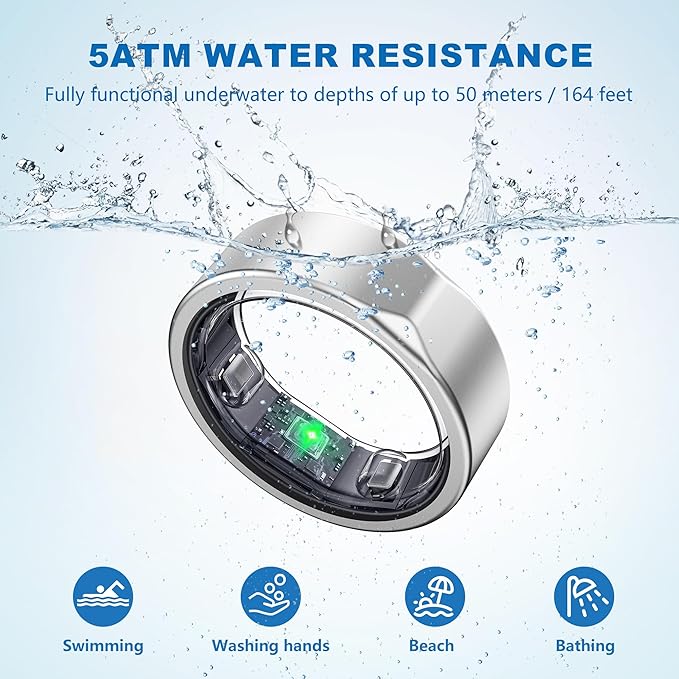 SEEKZERO Smart Ring for Women Men, Health Fitness Ring with Heart Rate, Stress & Sleep Monitoring,Step & Calorie Counter, 5ATM Waterproof for iPhone and Android,No Subscription(Brilliant Silver, 9)