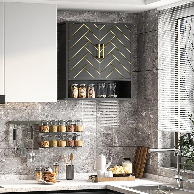Black Chevron Pattern Bathroom Wall Cabinet, Modern Hanging Medicine Cabinet with Gold Hardware, Space-Saving Over Toilet Storage Organizer (23 5/8" x 22 7/8" x 7 1/8")