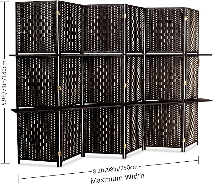 Bonnlo Upgraded Heavy Duty 6FT Tall Rattan Room Divider Screens with Partition Wall 2 Display Shelves, Indoor Folding Screen Dual-Sided Hinges for Home Office (6 Panels)