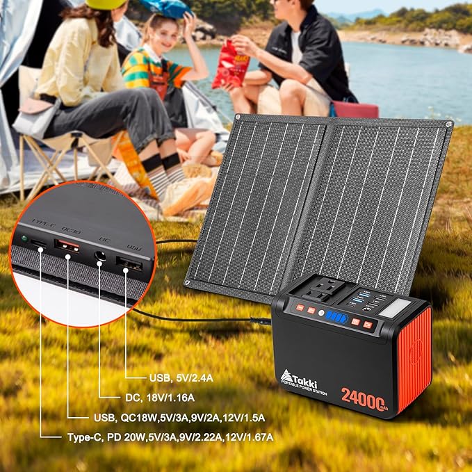 Takki Solar Generator 120W Peak Portable Power Station with 21W Solar Panel 88.8Wh Battery Power Bank with 110V AC Outlet for Camping RV Tent Home Outages Emergency