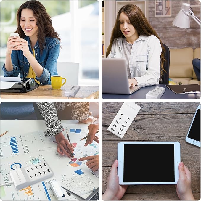 USB Charging Station with 6 USB-A & 4 USB-C Ports, 50W 10A USB Charging Block for Smart Phone, Tablet, Laptop, Multiple Devices - USB Power Strip with Auto-Detect Technology (1 PCS)