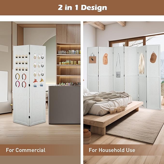 ECOMEX 6 Panel Room Divider, 5.6Ft Pegboard Display Wooden Room Divider Folding Privacy Screen Room Divider Freestanding Peg Board Display for Trade Show Craft Show Home Wall Organizer, Elegant White