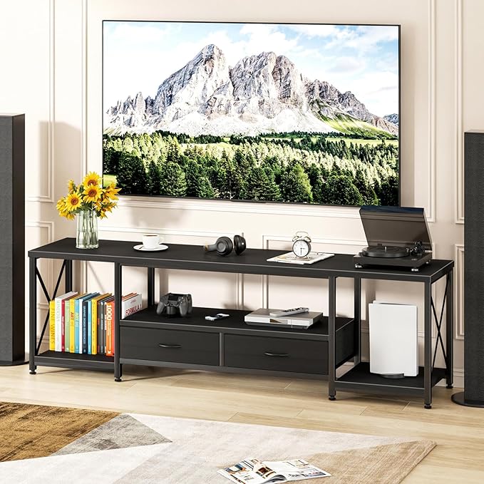 GYIIYUO TV Stand with Fabric Drawers for 65 70 75 Inches TV - Entertainment Center and Industrial TV Console Table with Open Storage Shelves for Living Room, Bedroom - 63.5" Black