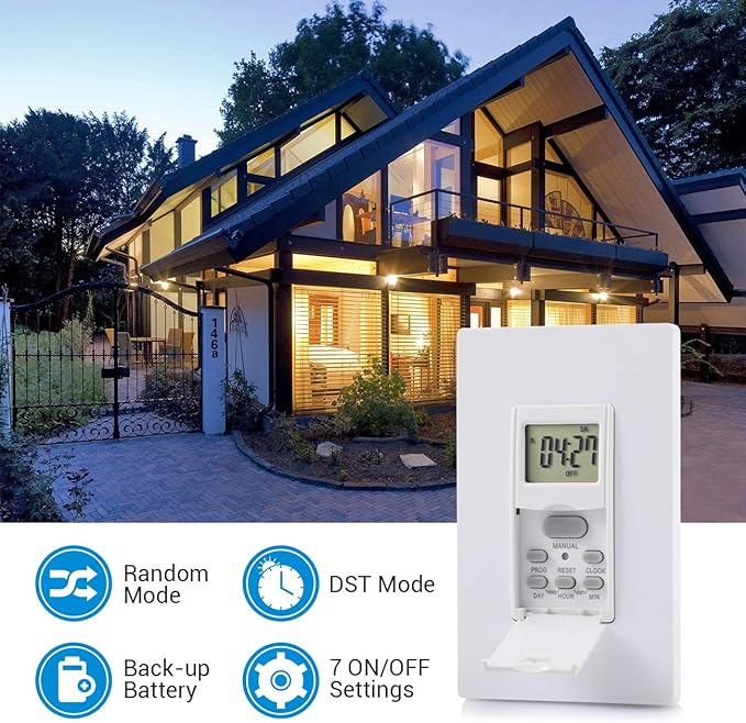 DEWENWILS Indoor in Wall Timer Switch for Light, Single-Pole,7 Day, 7 ON/Off Settings, DST RDM Mode, Programmable Digital Switch Timer for Lights, Fans, Motors, Neutral Wire Required, ETL Listed