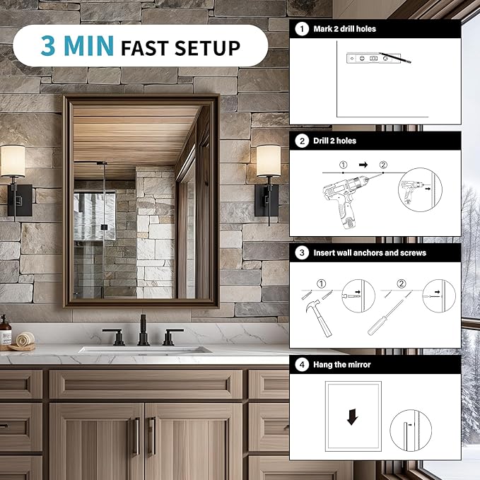 Retro Copper Effect Framed Wall Mirror, 20x30 Rectangle Mirror, Anti-desilvering Tempered Glass, Sustainable&Sturdy Frame, Anti-Rust, HD Reflection &3min Fast Setup for Bathroom Living Room