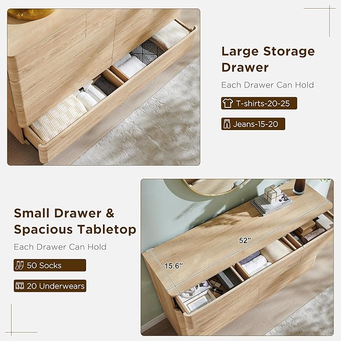 JXQTLINGMU 9 Drawer Dresser for Bedroom, 52" Wide Modern Wood Dressers with Push-to-Open Drawers for Closet Storage, Chest of Drawers TV Stand for Living Room & Hallway, Curved Profile, Natural