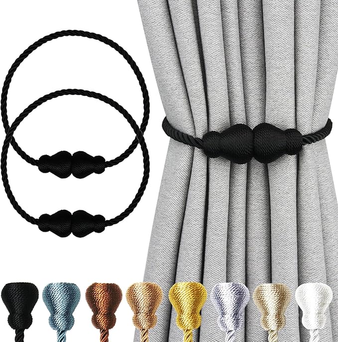 Nieffeiy Magnetic Curtain Tiebacks Outdoor Curtain Tie Backs Rope Decorative Magnetic Curtain Holders for Drapes Window Treatment Holdbacks, Black 2Pack