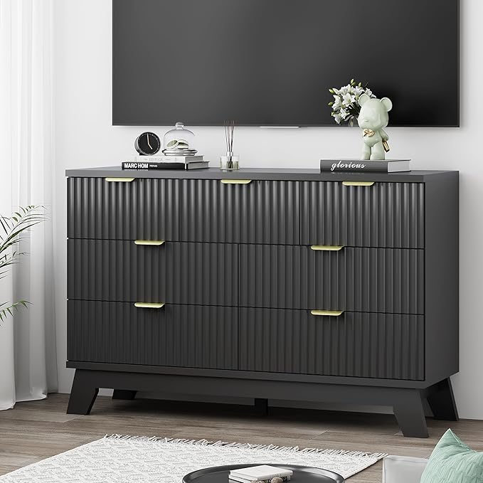 Xixini Fluted Dresser for Bedroom with 7 Drawers, 48" Wide Chest of Drawers with Metal Handle, Modern Wood Dresser TV Stand, Wooden Closet Clothes Storage Organizer for Living Room, Hallway, Black