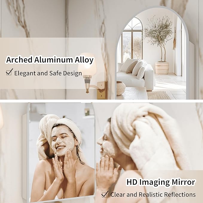 Bathroom Medicine Cabinet with Mirror Silver,Arched Wall Mounted Bathroom Cabinet with Mirror,Vanity Mirror with Storage,Mirrored Cabinet with Adjustable Shelves,Not Recessed,20x32 Inch