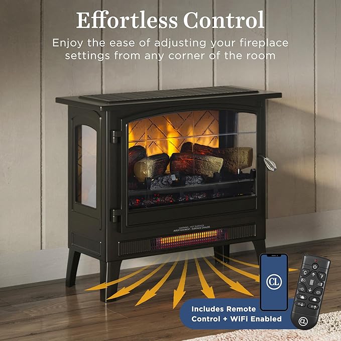 Country Living Infrared Freestanding Electric Fireplace Stove Heater in Bronze | Multiple Flame Colors, Metal Design with Faux Wooden Logs | Alexa/WiFi Enabled - Remote Included