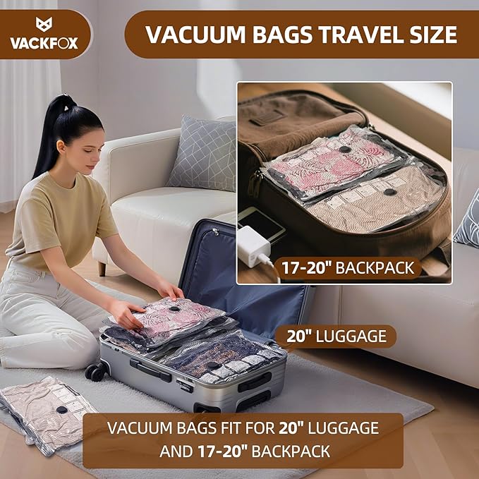 VACKFOX Travel Vacuum Storage Bags with Rechargeable USB Pump, 6 Pack Carry-On Size Compression Packing Bags for Luggage and Suitcase, Space Saver for Clothes and Clothing Travel