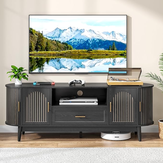 63" Fluted TV Stand for Tvs up to 70", Mid-Century Modern Entertainment Center with Drawers and Fluted Doors, Curved TV Media Console Table with Sliding Doors for Living Room, Bedroom (63" Black)