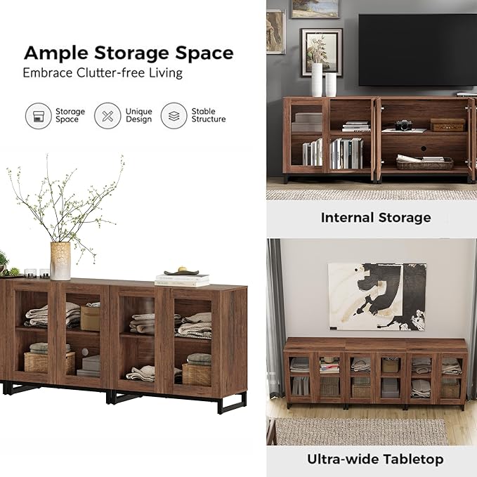 WAMPAT Modern TV Stand with Glass Doors for 110 inch TVs, Farmhouse Entertainment Center TV Console with Adjustable Shelves for Living Room, Bedroom, Brown