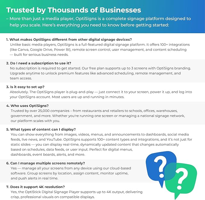 OptiSigns OptiStick Digital Signage Player - Android-Based 4K UHD HDMI Stick, Quad Core, WiFi/Ethernet, Remote Screen Management