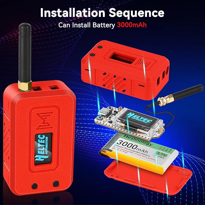 Meshnology Case for LoRa ESP32 V3 Module Board Device Set - Development Board Antenna 3000mAh Battery All-in Enclosure OLED Screen Protection Shell with Type C Interface (N35 Version, Red)
