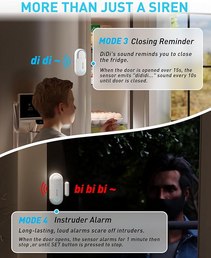 Sanjie Pool Door Alarms for Kids Safety/Home Security/Dementia,Wireless Door Alarms When Opened,Window Alarm sensors,0-120dB Volume Adjustable,4 Working Modes,2 Sensors 1 Remote Control