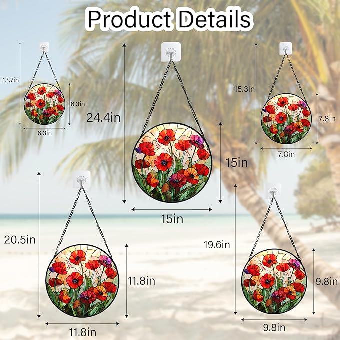 CRISGIF Stained Glass Window Hanging - Poppy Birth Flowers Suncatcher for Door Garden Yard Wildflowers Sun Catchers Decor Christmas Mother's Day Birthday Gifts for Women Mom Nana Friend 9.8 in