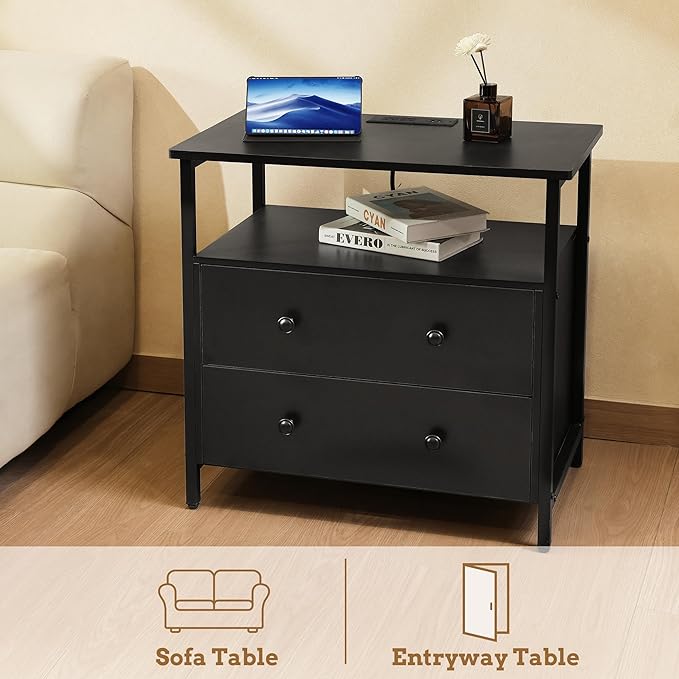 Edbuosy 27 inch Wide Night Stand Set 2 with Charging Station, Bedside Table with Open Shelf, 2 Drawers Small Wood Dresser, Modern Wood Nightstand for Bedroom/Living Room (Black)