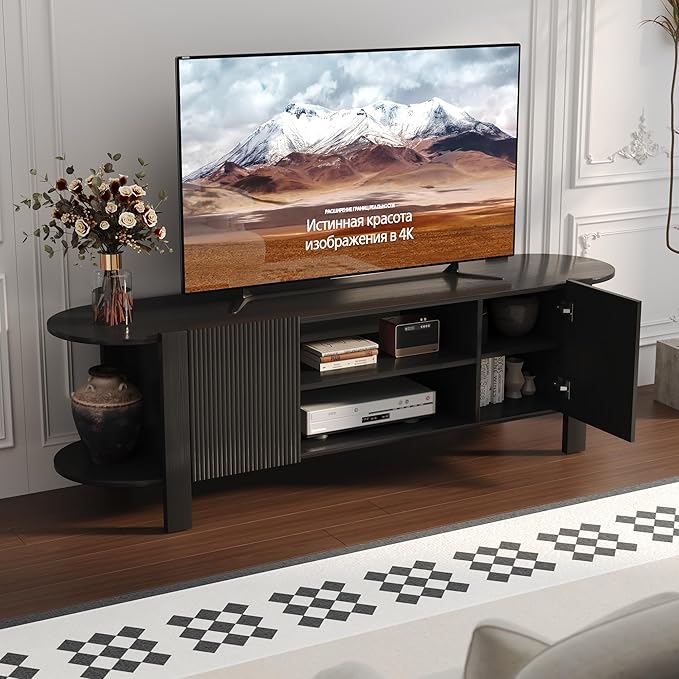 ZOSQUARE 65 Inch TV Stand for Up to 75 inch TVs, Fluted Entertainment Center with Adjustable Shelve, Curved Round Corner TV Console Table with Storage Cabinet for Living Room, Bed Room (Black)