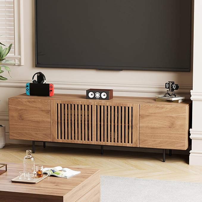 NessCarsti Mid Century Modern TV Stand for 70 Inch TVs, 70.87" Walnut Console with Ample Storage – Stylish Entertainment Center for Living Room or Bedroom
