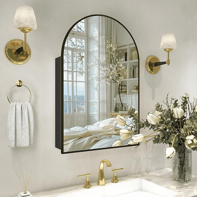 Arched Medicine Cabinet with Mirror,Bathroom Medicine Cabinet with Mirror Wall Mounted,Mirrored Medicine Cabinets with Adjustable Shelves,Not Recessed,24x36 Inch,Black