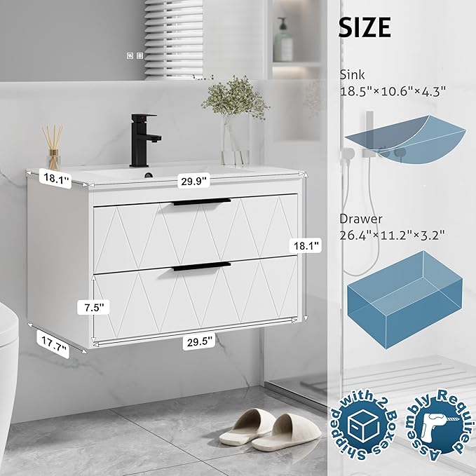 eclife 30" Bathroom Vanities Cabinet with Sink Combo, Wall Mounted Floating Cabinet W/Decor Line, Soft-Close System, 2 Extra Big Drawers, Matte Black Faucet, White