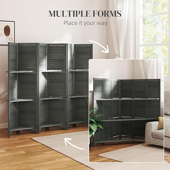 HOMCOM Room Divider, 6 Panel 67" Tall Wood Privacy Screen with 3 Display Shelves, and Folding Storage for Bedroom or Home Office, Gray