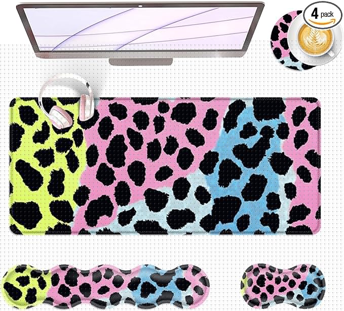 BFUKVOU Large Keyboard Mouse Pad Set, Extended Mouse Pad+Keyboard Wrist Rest Support, Memory Foam Ergonomic Easy Typing, 4Pcs (31.5×11.8 in) Desk Pad Set for Office Home,Leopard Print