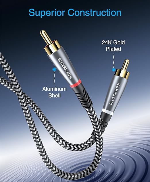 BlueRigger RCA Cable, 6FT (2RCA Male to 2RCA Stereo Audio Cable, Braided, Gold Plated, Subwoofer)- Compatible with Home Theater, Amplifier, Hi-Fi System, HDTV, Car Audio, Turntable, Receiver, Speaker