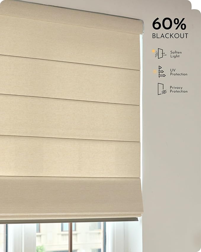 Graywind Smart Roman Shades 60% Blackout Compatible with Alexa Google Rechargeable Motorized Blinds Remote Plain Fold, Custom Size (Light Filtering Matelasse Offwhite)