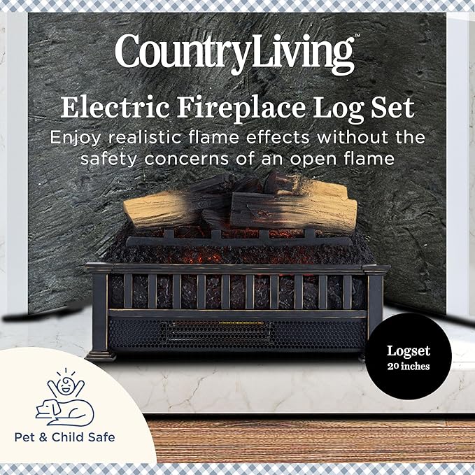 Country Living Electric Fireplace Logs, 20” LED Electric Fireplace Inserts with Infrared Heater, Electric Heater Heats up to 400 Sq. Ft., Remote Controlled Infrared Heaters for Indoor Use, Log Set