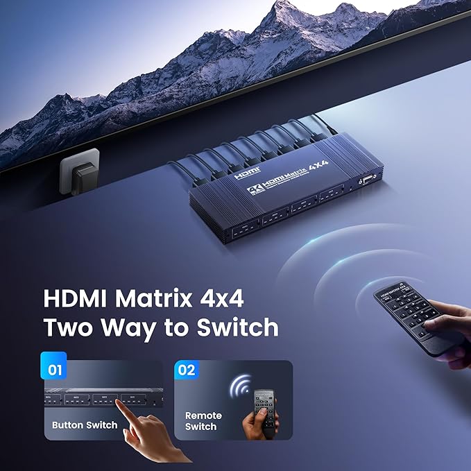 4x4 HDMI Matrix Switch 4K 30Hz, 4 in 4 Out HDMI Switch with Remote Supports HDR, 3D, HDMI 1.4, HDCP 1.4, Downscaler 4K & 1080P, 4 Way HDMI Splitter Switch for Fire TV Stick, Xbos, PS4/5