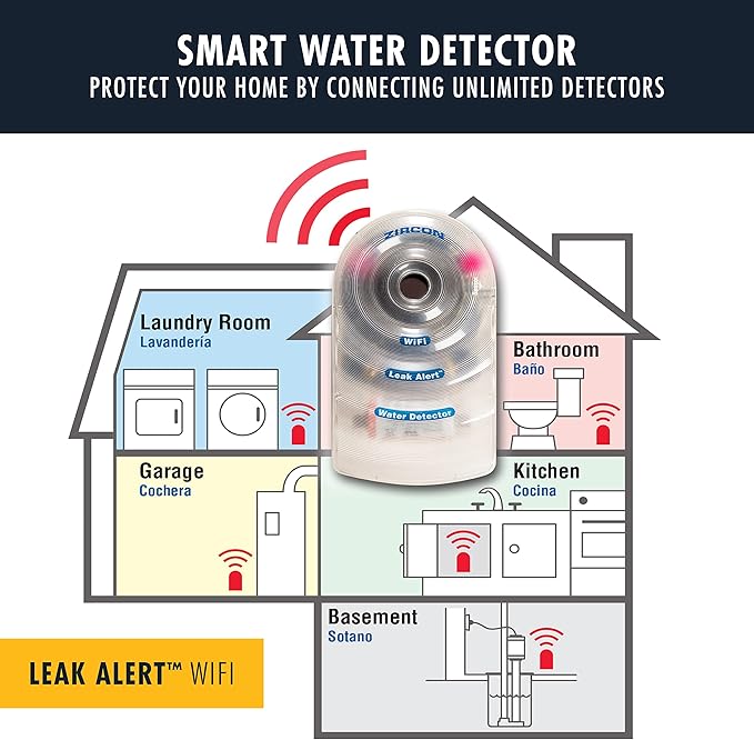 Zircon Leak Alert WiFi- 2 Pack - Smart Electronic Water Detector Alarm with Email, Audio and Visual Alerts - Batteries Included, (72336) White