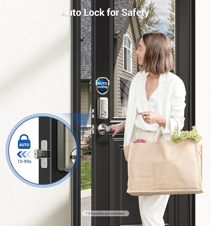 Veise Fingerprint Door Lock with 2 Lever Handles - Keyless Entry Door Lock, Electronic Keypad Deadbolt, Digital Smart Code & Front Handle Sets, Auto-Locking, Easy Installation, Satin Nickel