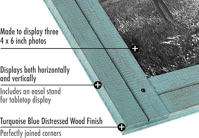 Americanflat Hinged 4x6 Triple Picture Frame with 3 Photo Openings and Polished Glass - Distressed Wood Collage Picture Frames for Tabletop and Wall Display - Hampton Collection - Turquoise Blue