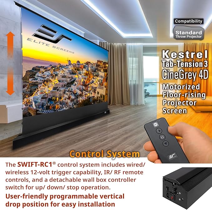 Elite Screens Kestrel Tab-Tension Pro CineGrey 4D, 135" Diag., 16:9 Aspect Ratio, ISF Certified 4K/8K Ultra HD Electric Floor-Rising Motorized Tab-Tensioned Front Projector Screen, FTE135H3-C4D