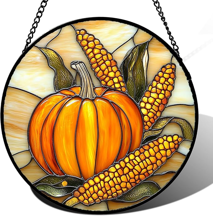 DASTOLL Stained Glass Window Hanging Autumn Harvest Pumpkin Corn 7.8" - Suncatcher Door Garden Kitchen Sunroom Sun Catcher Fall Home Decor Birthday for Mom Grandma Men Woman