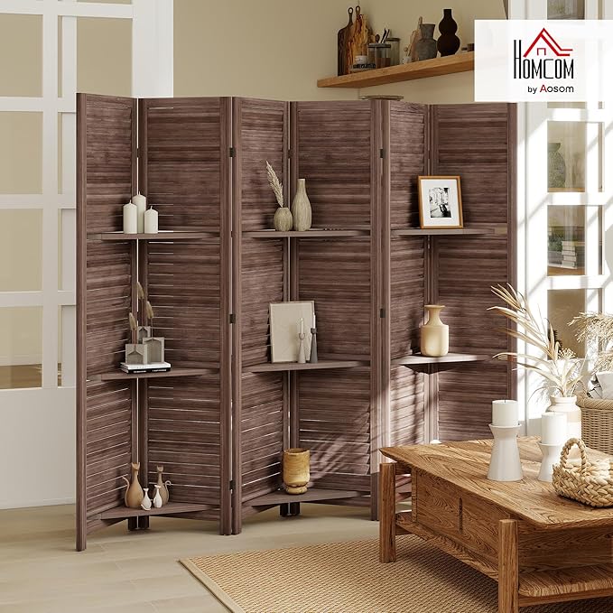 HOMCOM Room Divider, 6 Panel 67" Tall Wood Privacy Screen with 3 Display Shelves, and Folding Storage for Bedroom or Home Office, Walnut