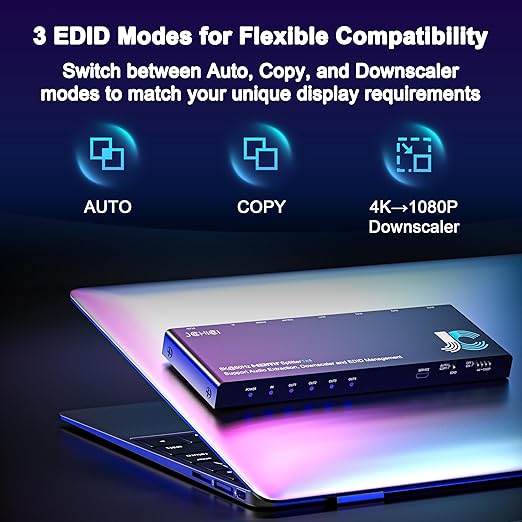 JCHICI 1x4 HDMI Splitter 4K@60Hz 4:4:4 HDR - with Audio Extractor (Optical/3.5mm), HDMI Switcher Splitter with EDID Management & Downscaler, HDCP 2.2 Compatible for PS5/Xbox/Apple TV (18Gbps)