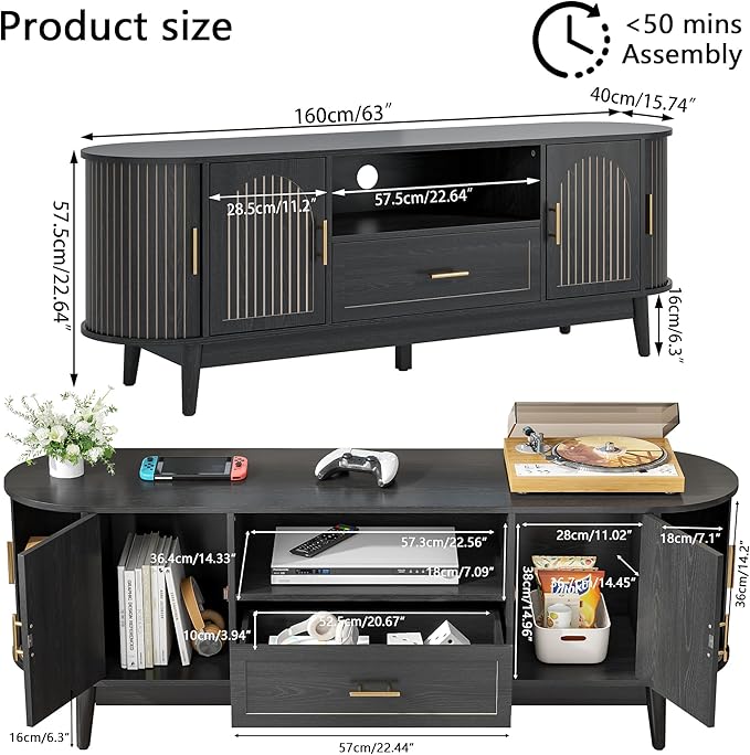 63" Fluted TV Stand for Tvs up to 70", Mid-Century Modern Entertainment Center with Drawers and Fluted Doors, Curved TV Media Console Table with Sliding Doors for Living Room, Bedroom (63" Black)