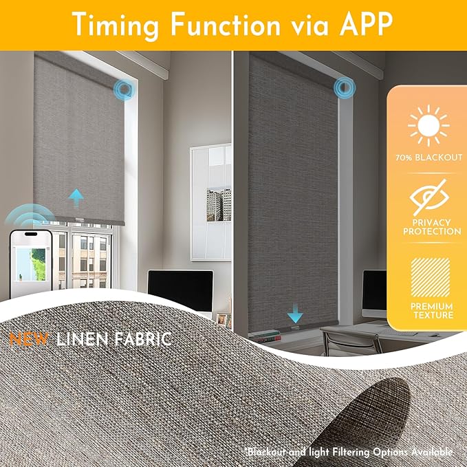Persilux Smart Motorized Blinds with Remote, No Drill Automatic Roller Shades for Indoor Windows, Light Filtering Linen Fabric, Electric Blinds for Windows, Linen Brown C156-4, Custom Size