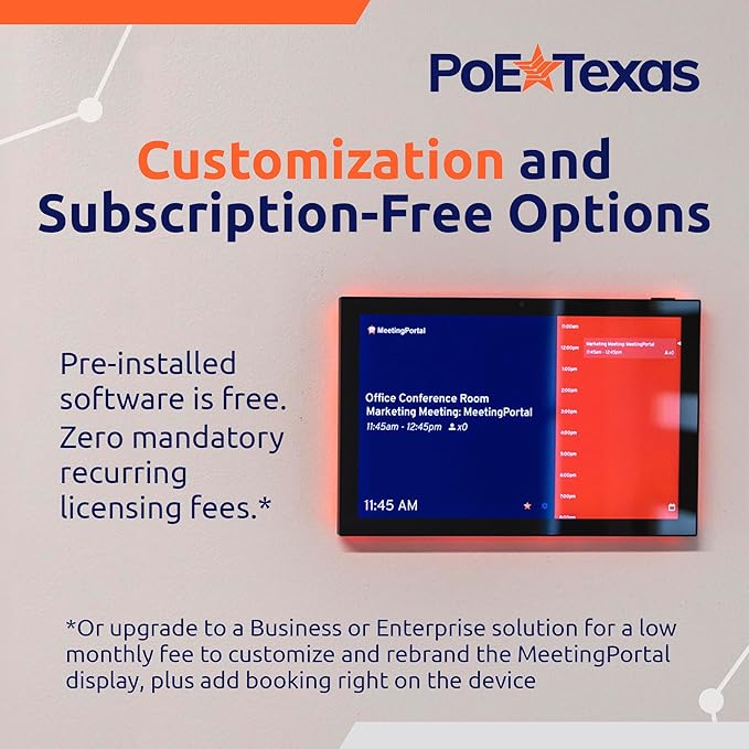 PoE Texas Low Profile 10-Inch Touchscreen Conference Room Scheduler PoE Tablet with Visible LED Status Ring and MeetingPortal App - Touch Screen Digital Display Syncs with Your Business Calendar