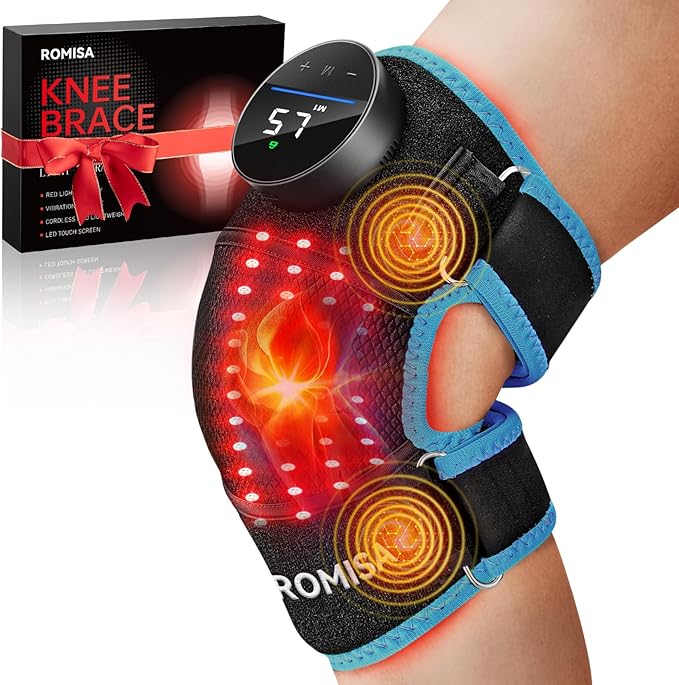 ROMISA Red Light Therapy Knee Brace & Vibration Knee Massage, 660nm & 850nm Rechargeable Near Infrared Light Therapy Device for Knee/Elbow/Shoulder for Cordless Use, Blue.