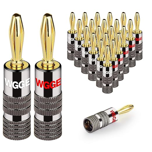 WGGE WG-029 Banana Plugs Audio Jack Connector, 24k Gold Dual Screw Lock Speaker Connector for Speaker Wire, Wall Plate, Home Theater, Audio/Video Receiver, and Sound Systems ((12 Pairs (24 Plugs)))