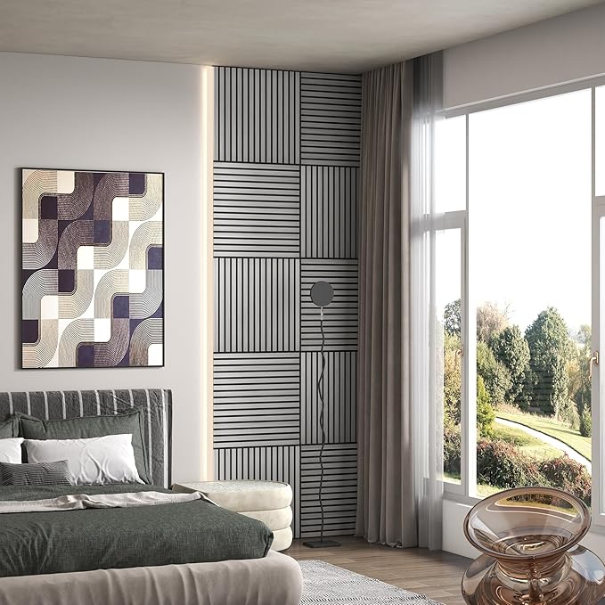 HOMCOM 4 Pack 3D Acoustic Panels, 24" x 24" Soundproof Wood Panels for Wall, Wood Slat Wall Paneling for Interior Ceiling, Office, Home Theater, Studio, Gray