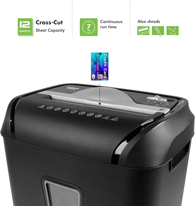 Aurora AU1208XE Anti-Jam 12-Sheet Crosscut Paper/Credit Card Shredder with 4.8 Gallon Wastebasket