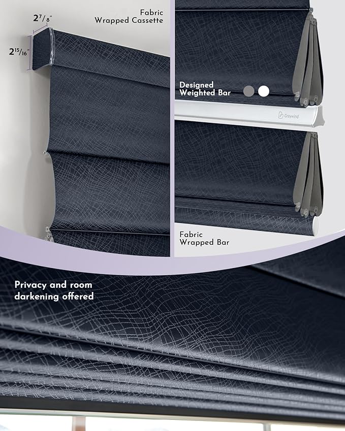 Graywind Smart Roman Shades Compatible with Alexa Google WiFi Hardwired Automatic Blinds with Remote Blackout Plain Fold Soft Roman Window Shades for Windows Doors, Custom Size (Flowline Midnight)