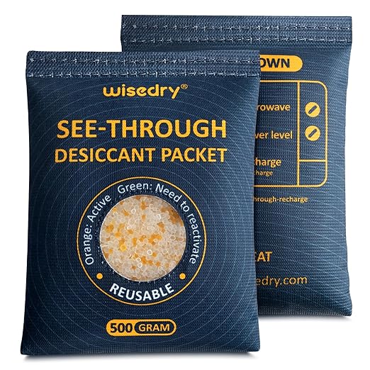 wisedry 2 x 500 Gram See-Through Silica Gel Desiccant Packets, Large Capacity Moisture Absorbers Bags, Color-Indicating Desiccant Packs for Storage, Reusable Gun Safe Dehumidifier