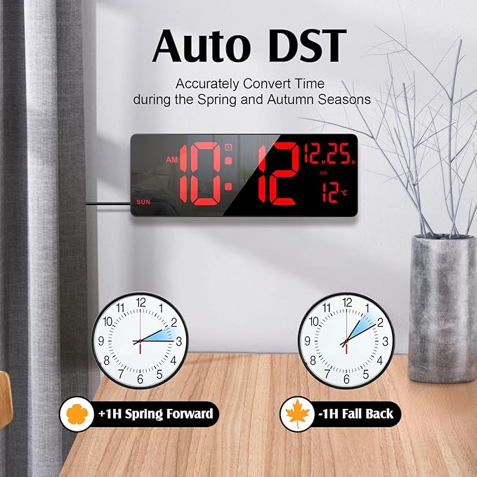 Xflyee 16.5" Large Digital Wall Clock with RGB Night Lights, Auto Dimmer, Remote Control, Date, Indoor Temperature, DST